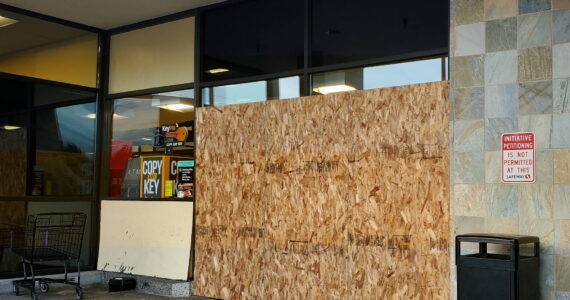 The west entrance where a truck backed into the Twin Lakes Safeway is currently boarded up. Photo by Keelin Everly-Lang / The Mirror