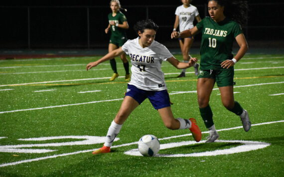 (10) Samantha Tovar controls the ball in the first half of Decatur’s 8-2 win. Ben Ray / The Mirror