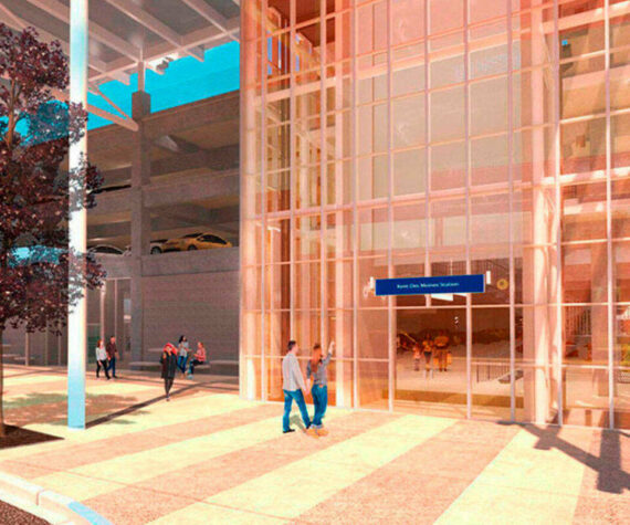 A rendering of the new light rail station in Kent, near Pacific Highway South and 30th Avenue South, that will be called Kent Des Moines Station along the extension from SeaTac to Federal Way scheduled to open in 2026. COURTESY IMAGE, Sound Transit