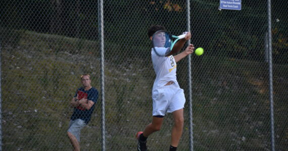 Lucas Vlaysk rips a forehand early in his contest deciding match. Ben Ray / The Mirror