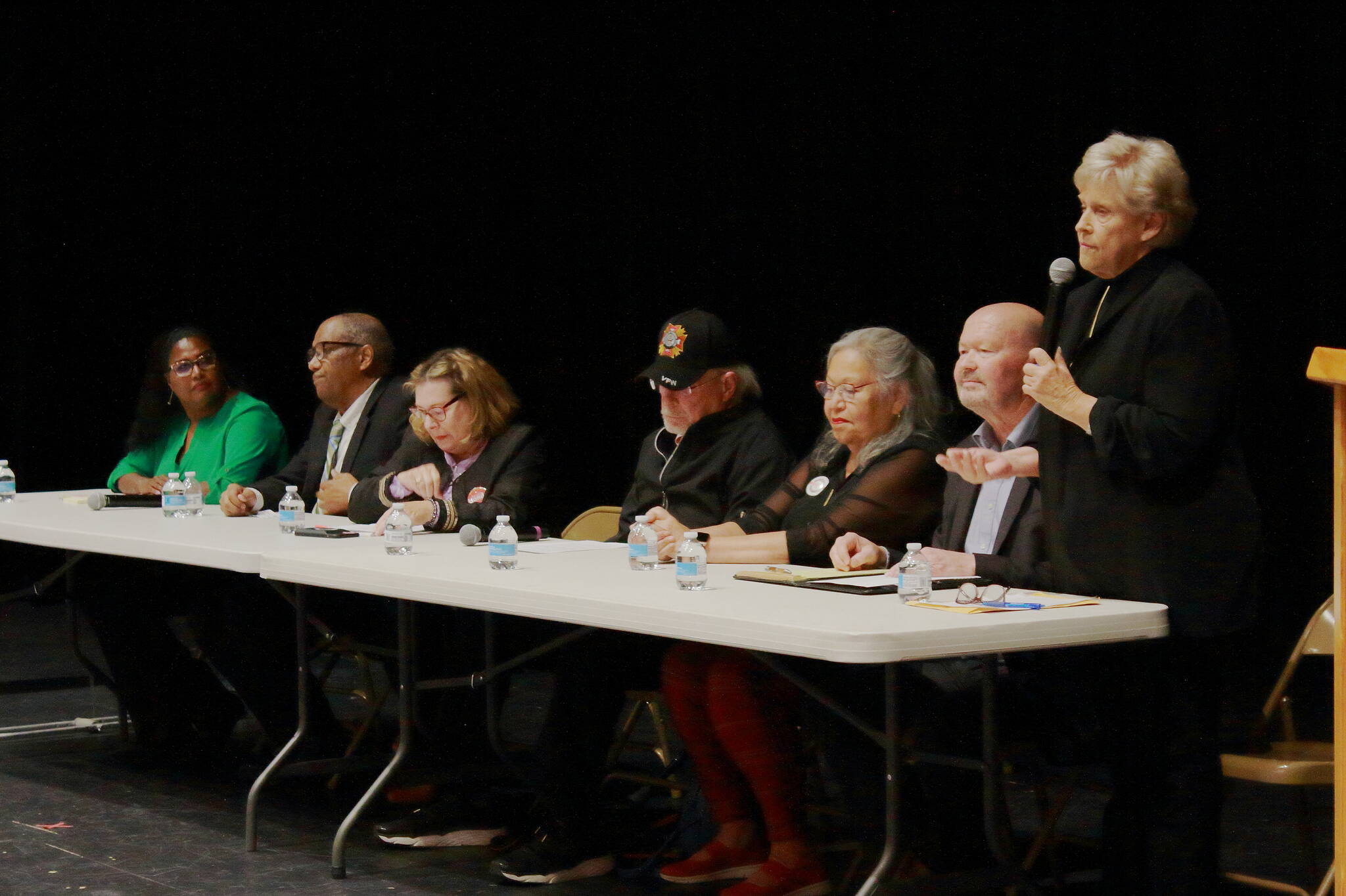 City council candidates from left to right at the Oct. 11 debate: Lydia Assefa-Dawson, Mark Greene, Susan Honda, Roger Flygare, Katherine Festa, Jack Walsh and Linda Kochmar. Photo by Keelin Everly-Lang / The Mirror