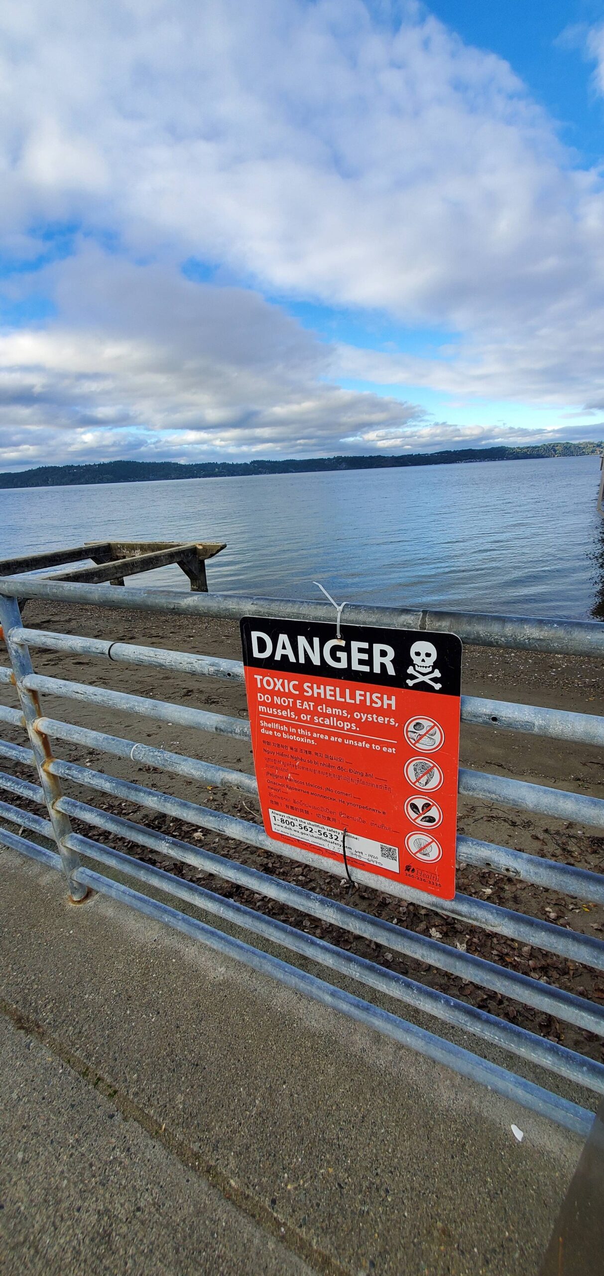 Photo by Keelin Everly-Lang / The Mirror: A warning sign at a beach in Federal Way notifying beachgoers that they should not consume any shellfish at that location.