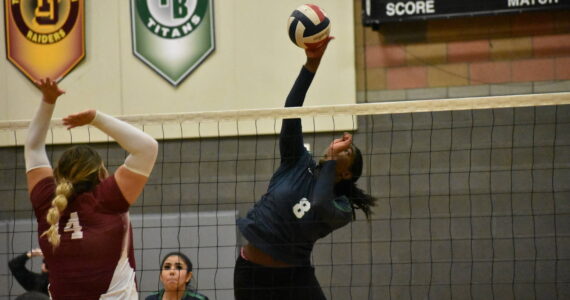 Aissata Bangoura with a spike against Kentlake in the first set. Ben Ray / The Mirror
