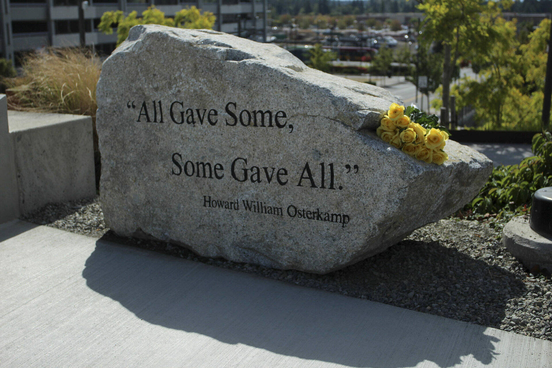 An engraved stone at the current veterans memorial in Federal Way. File photo