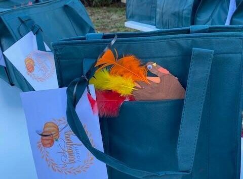 A picture of Thanksgiving packages in 2022, carrying the Thanksgiving meal and additional decorations. (Photo courtesy of Ginger Seybold)