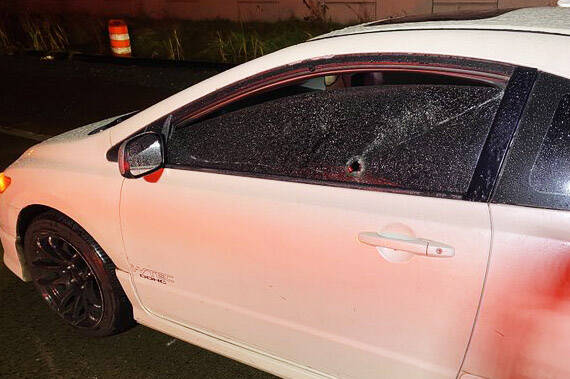 Someone fired a shot that hit this car Wednesday night, Dec. 6 along Interstate 5 near South 320th Street in Federal Way. COURTESY PHOTO, Washington State Patrol