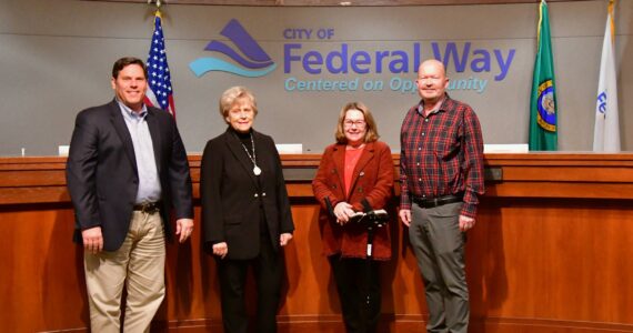 hoto by Bruce Honda
Mayor Jim Ferrell poses with Linda Kochmar, Susan Honda and Jack Walsh, who were all re-elected to their previous positions on the Federal Way City Council in November 2023. P