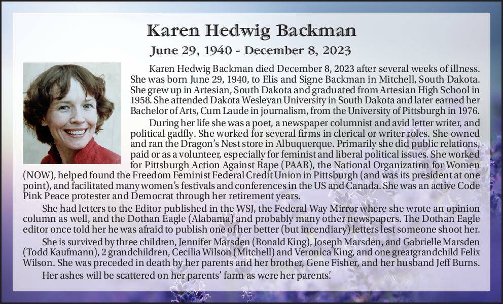 Karen Hedwig Backman | Obituary