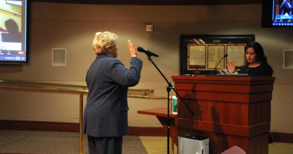 Federal Way City Councilmember Linda Kochmar takes her oath as Council President. Photo by Keelin Everly-Lang / The Mirror