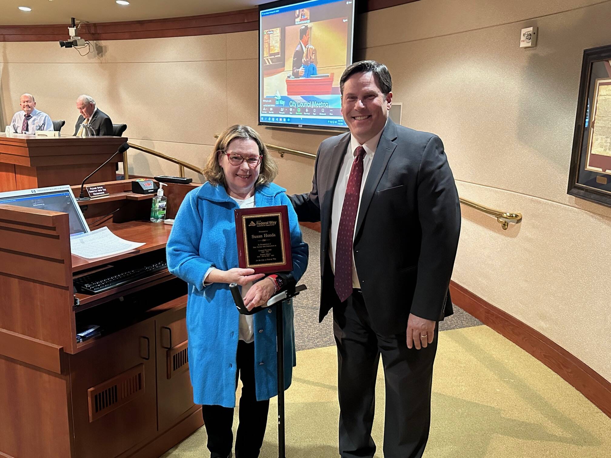 Susan Honda was honored for her contributions by Mayor Jim Ferrell at the Federal Way City Council meeting. Photo by David Solano / City of Federal Way