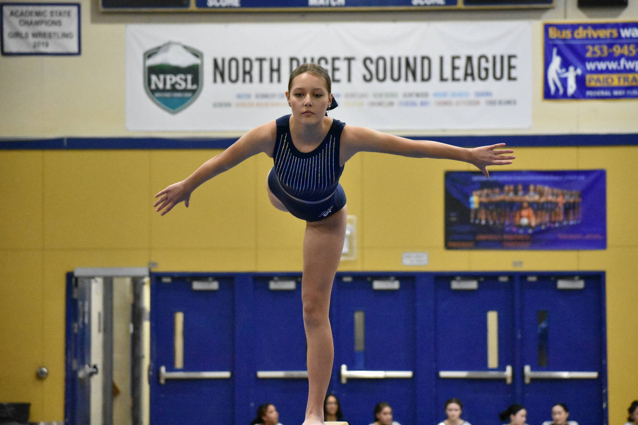 Decatur and Todd Beamer gymnastics competed in an NPSL meet at Decatur on Jan. 17. Pictured: Decatur gymnast Brooklyn Bolger on the beam. Ben Ray/ The Mirror
