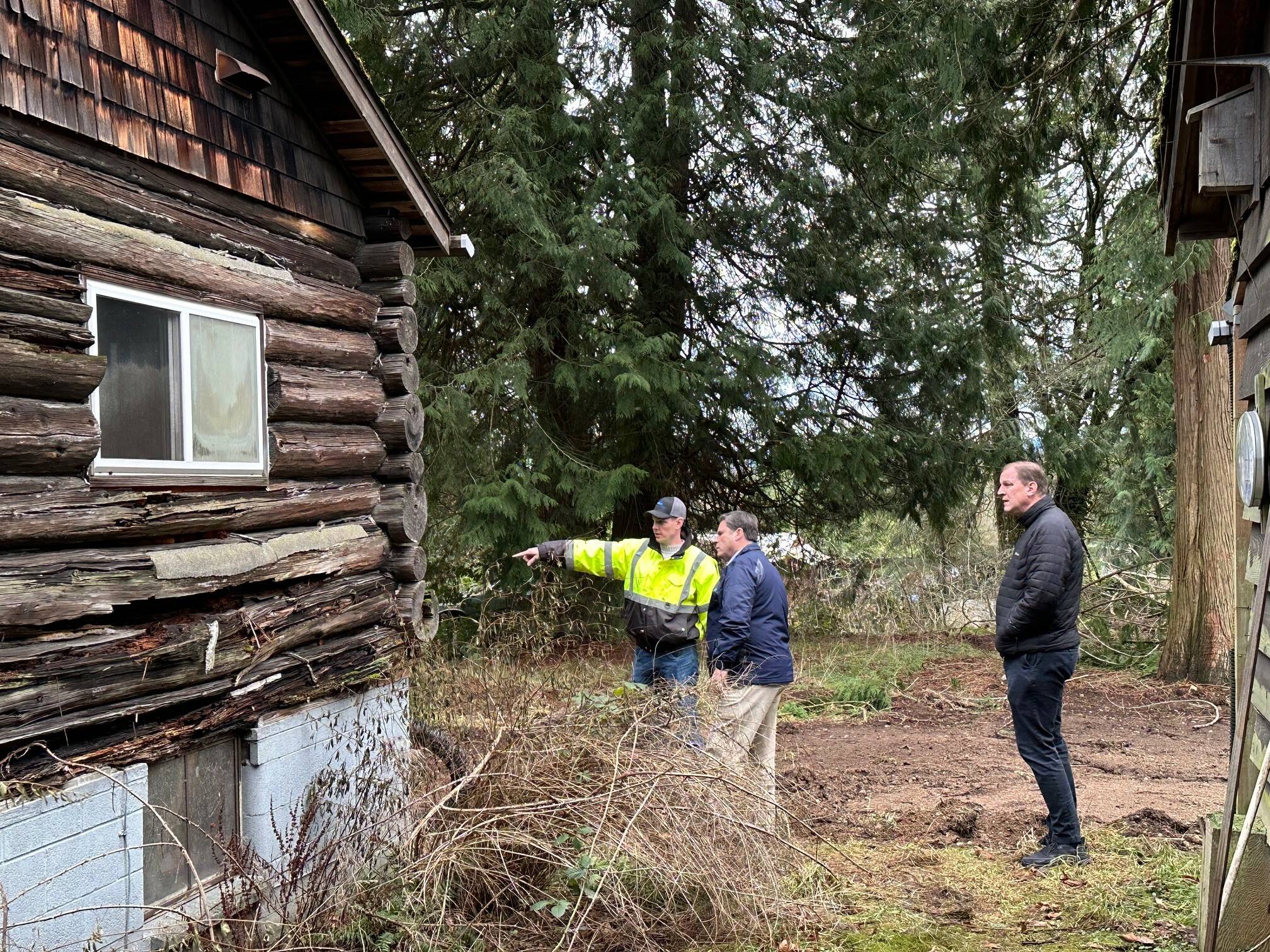 Photo provided by the City of Federal Way
EJ Walsh, Brian Davis and Mayor Ferrell visit the cabins to evaluate their condition and historic value.