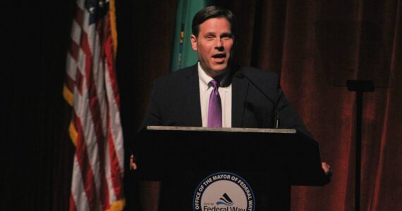 Federal Way Mayor Jim Ferrell speaks at the 2023 State of the City Address. (File photo)