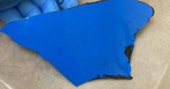 The Federal Way Police Department says officers recovered a fragment of blue plastic at the site of the collision they believe belongs to the suspect vehicle. (Courtesy of the Federal Way Police Department.)
