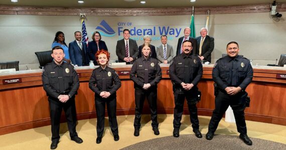 Photo provided by David Solano of the City of Federal Way
New Federal Way Police officers: (from left to right in the photo): Justin McKee, Ella Schlegel, Tiffany Parker, Victor Rodriguez, and Alamalealof Tulenkun.