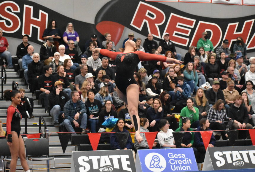 <p>Thomas Jefferson High School gymnast competing at state in 2023. Ben Ray / The Mirror</p>