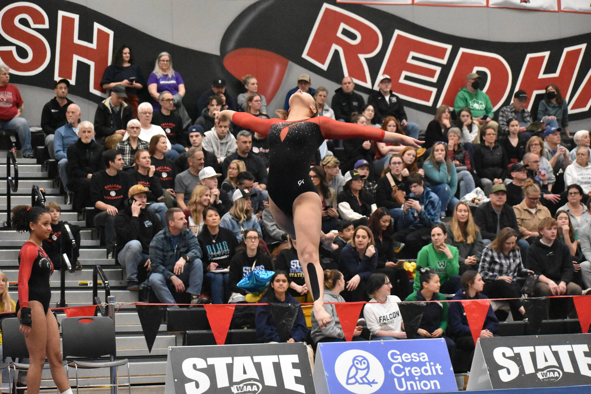 Thomas Jefferson High School gymnast competing at state in 2023. Ben Ray / The Mirror