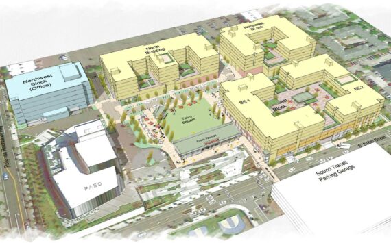 An aerial view of the proposed Town Center 3 development that will be accomplished by OneTrent. Image provided by the City of Federal Way