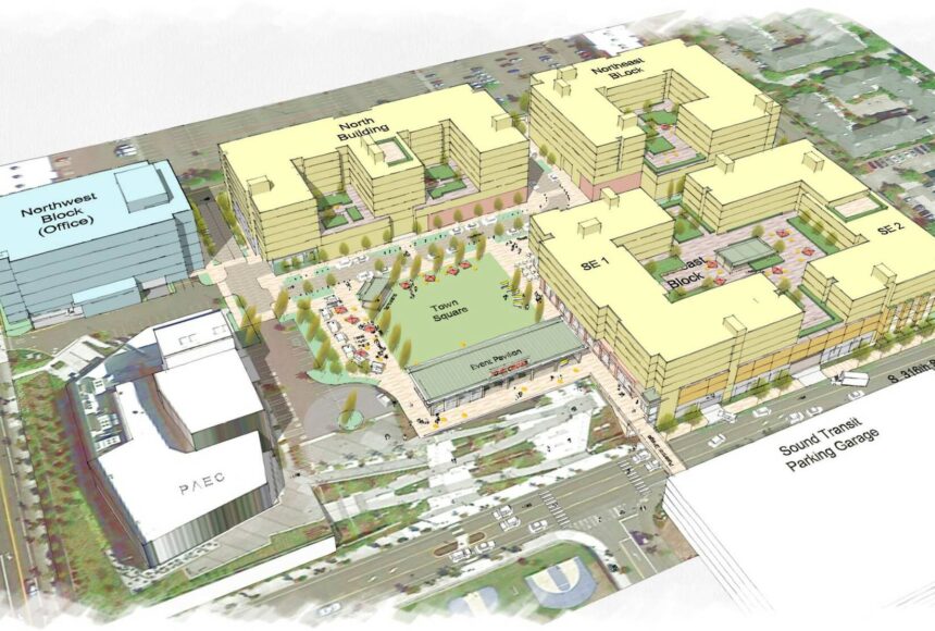 <p>An aerial view of the proposed Town Center 3 development that will be accomplished by OneTrent. Image provided by the City of Federal Way</p>