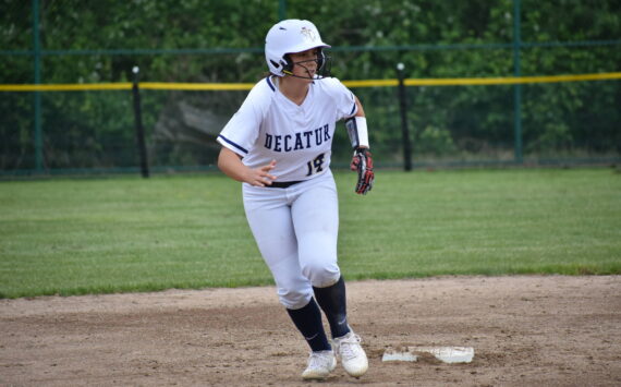 Sophie Walker on second base on day one of the district tournament for Decatur. Ben Ray / The Mirror