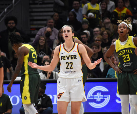 Caitlin Clark of the Indiana Fever shrugs as she looked for a foul on a three-point attempt in the fourth quarter against the Seattle Storm. Ben Ray / The Mirror