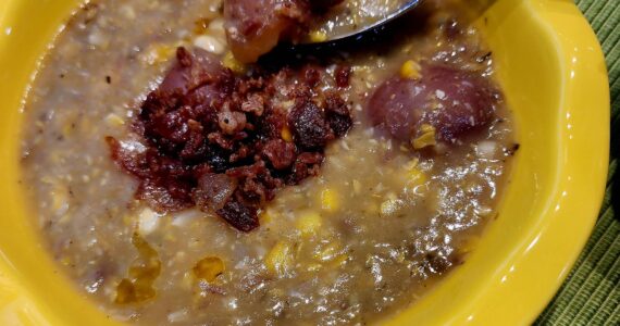 Potato corn chowder with lavender. Photo by Vickie Chynoweth