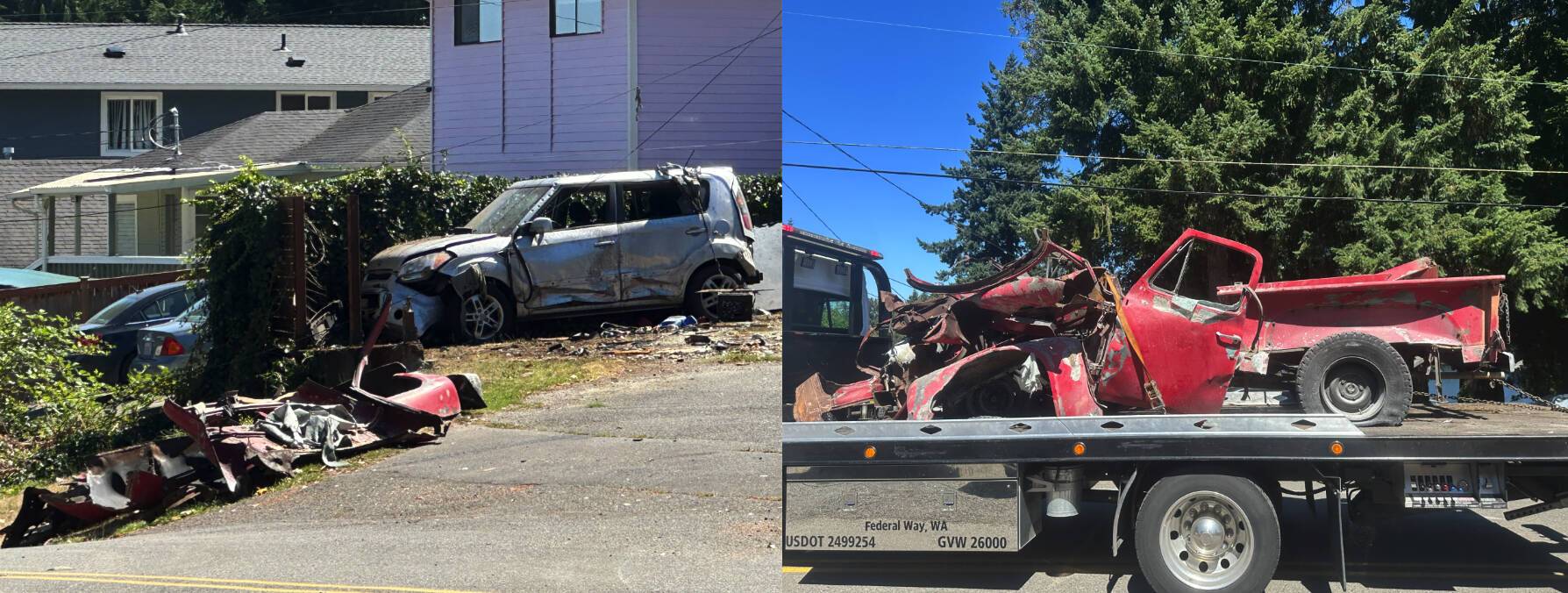 Left to right: The spot where the explosion occurred and the vehicle where the explosion originated being towed away. Photos by Joshua Solorzano/The Mirror