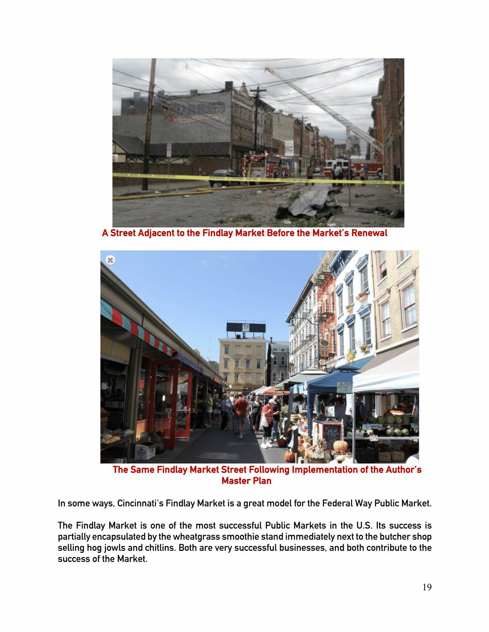 A page from the Public Market Feasibility Study shares how another public market transformed the city to show what could be possible in Federal Way.