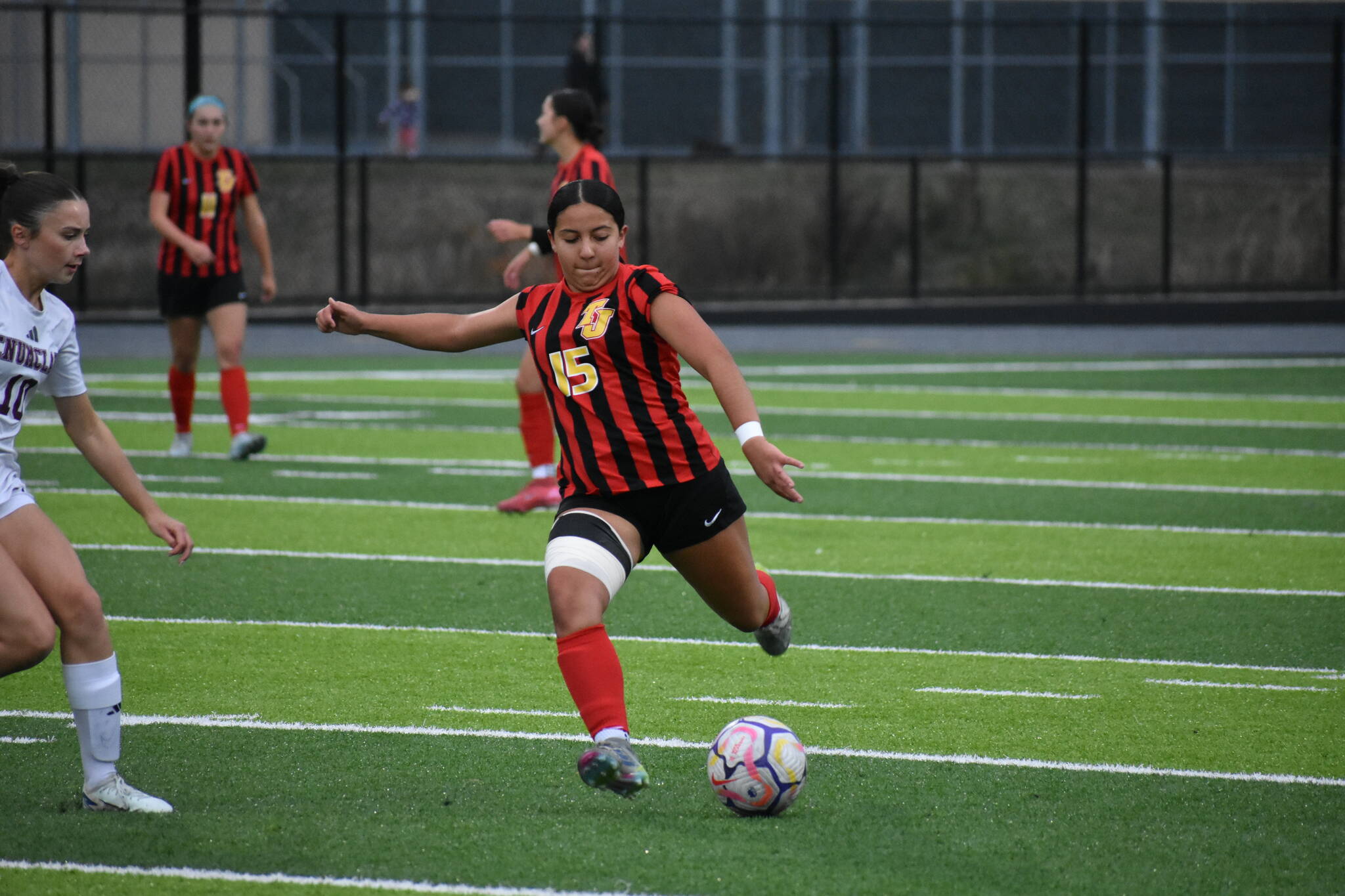 Isabella Corrales attempts to clear a ball for Thomas Jefferson. Ben Ray / The Mirror