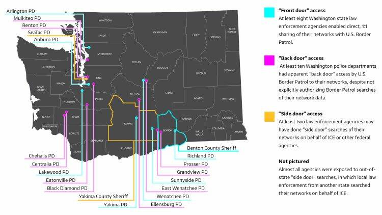 From the University of Washington report: “Across Washington state, a review of Flock audits by UWCHR researchers during 2025 revealed multiple forms of access to data on Washington state residents by federal immigration enforcement agencies and out-of-state law enforcement. The majority of agencies were exposed to one or more of these forms of access to their networks. The map does not depict all agencies surveyed or known to use Flock systems.”