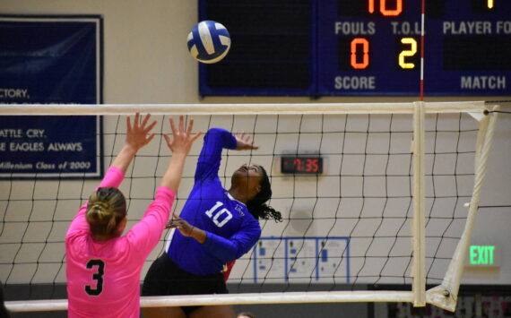 Meilani Paige goes for the kill against Kentlake for Federal Way. Ben Ray / The Mirror