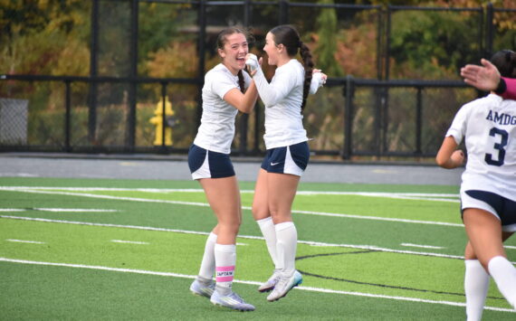 Grace Lepkowski (left) celebrates her go-ahead goal. Ben Ray / The Mirror