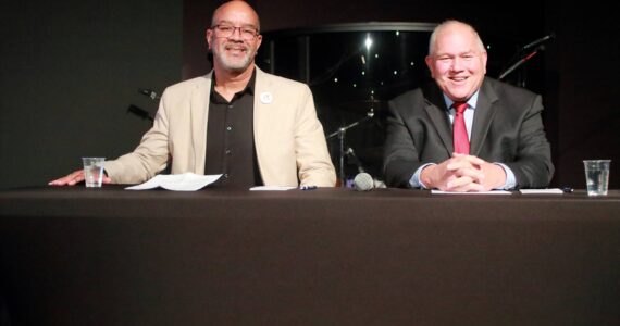 Photo by Keelin Everly-Lang / the Mirror 
Les Sessoms and Jack Dovey at the Federal Way Mirror’s candidate forum on Oct. 8. They are running against each other for Federal Way City Council position 6.