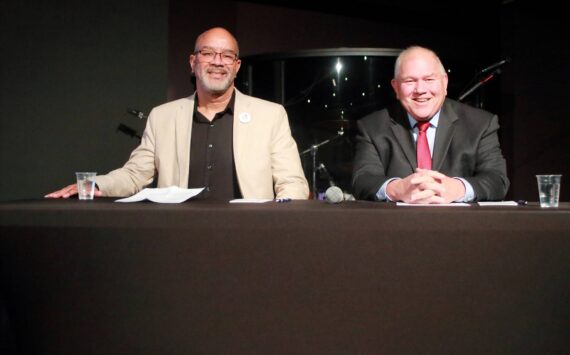 Photo by Keelin Everly-Lang / the Mirror 
Les Sessoms and Jack Dovey at the Federal Way Mirror’s candidate forum on Oct. 8. They are running against each other for Federal Way City Council position 6.