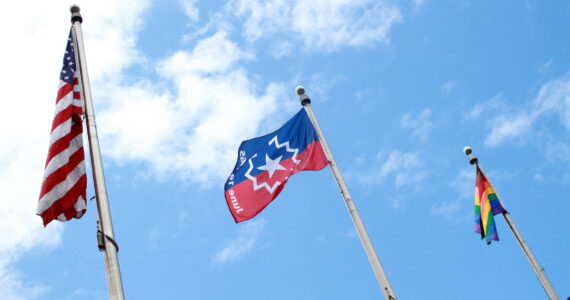 The Juneteenth and Pride flags were flown in June 2025 next to the U.S. flag in Federal Way. Photo by Keelin Everly-Lang / the Mirror
