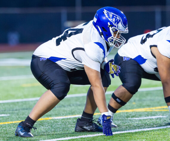 Federal Way’s offensive line, as seen against Kentlake. Photo by Robby Mullikin
