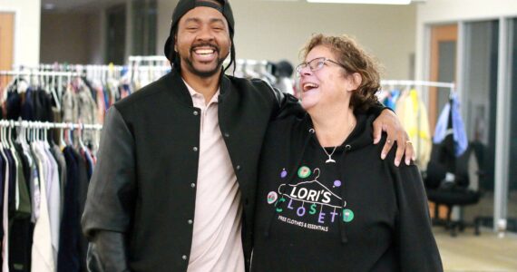 Anthony Curtis and Lori Cooper at Lori’s Closet, a free community resource that is one program run by the Black Equality Coalition in Federal Way. Photo by Keelin Everly-Lang / the Mirror