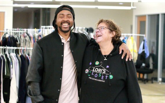 Anthony Curtis and Lori Cooper at Lori’s Closet, a free community resource that is one program run by the Black Equality Coalition in Federal Way. Photo by Keelin Everly-Lang / the Mirror