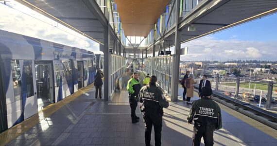 The Federal Way light rail station features colorful glass art installations and a view of Federal Way’s developing downtown core. Photo by Keelin Everly-Lang / the Mirror