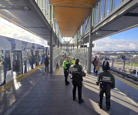 The Federal Way light rail station features colorful glass art installations and a view of Federal Way’s developing downtown core. Photo by Keelin Everly-Lang / the Mirror