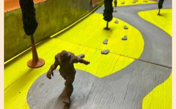 Artist Steve Nagode brought a scale diorama to City Hall to share his proposal, which would include statues, seating and a variety of interactive elements. (City photo)