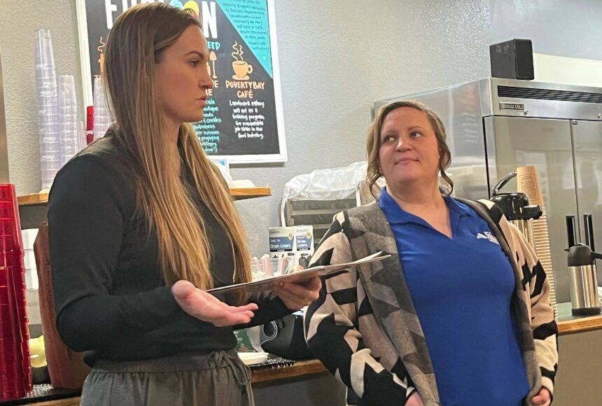 <p>The Federal Way Community Center’s Sabrina Bates, inclusion coordinator, and Brittany Marth, inclusion assistant, talk about the city’s programs for people with disabilities during the Federal Way Mirror’s Hot off the Presses community conversation Dec. 9 at Poverty Bay Cafe. Staff photo</p>