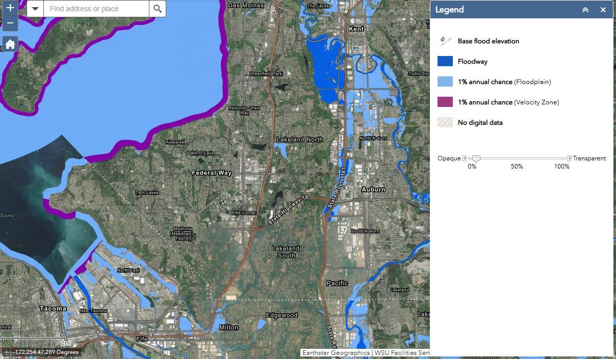 Federal Way has a low to moderate risk of floods, according to the Washington Department of Ecology. Screenshot of map.