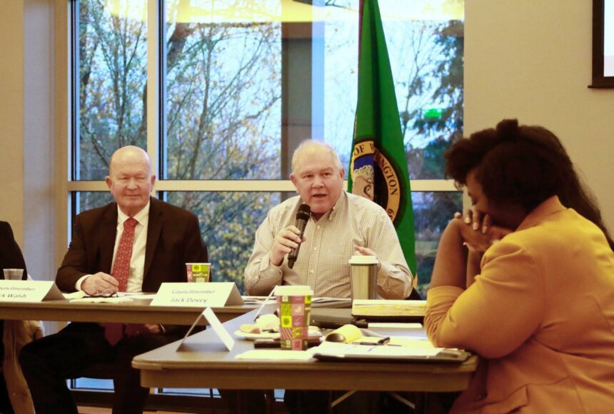 <p>Federal Way City Councilmember Jack Dovey explains the recent project in Federal Way to partner with a local church on an affordable housing development during the Legislative Agenda Breakfast. Photos by Keelin Everly-Lang / the Mirror</p>