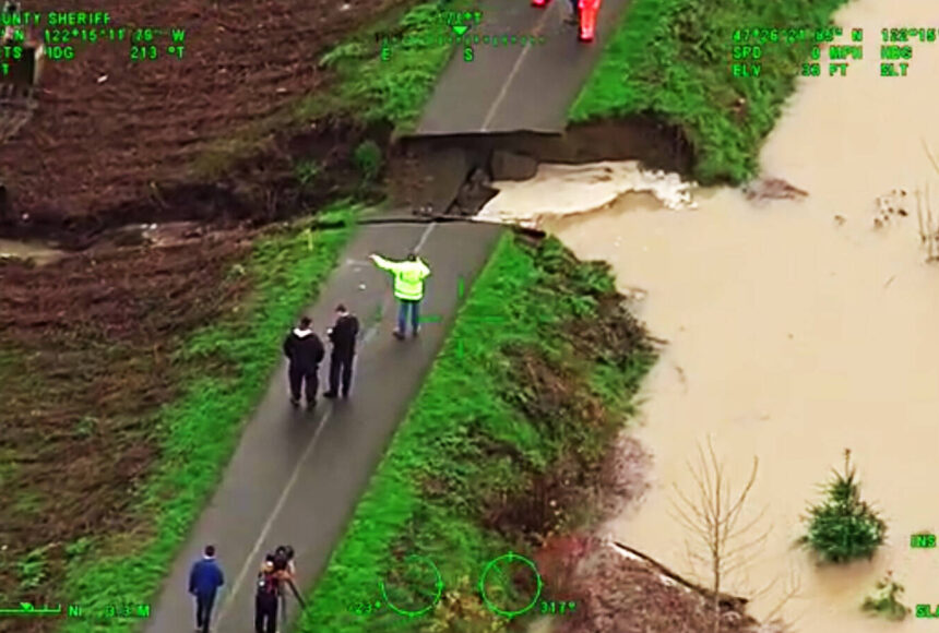 <p>A breach in the Desimone Levee along the Green River on Dec. 15 in Tukwila. SCREENSHOT/Video, Courtesy King County Sheriff&rsquo;s Office</p>