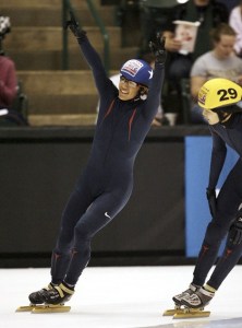 Federal Way resident J.R. Celski celebrates after winning the 1