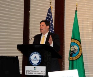 Federal Way Mayor Jim Ferrell delivers the State of the City address at the Twin Lakes Golf and Country Club on Wednesday.