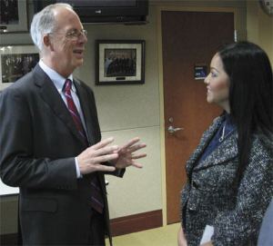 Skip Priest chats with city finance director Tho Kraus during a meet-and-greet Tuesday at City Hall. Priest took the oath of office and was officially sworn-in as mayor on Wednesday.