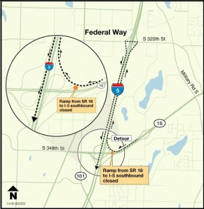Drivers should expect delays this weekend as crews close the westbound State Route 18 ramp to southbound Interstate 5 to replace the concrete around two bridge joints from 10 p.m. Friday through 5 a.m. Monday.
