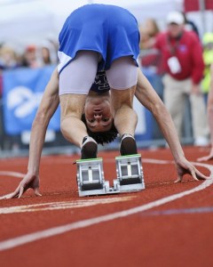 Federal Way's Ezekiel McNeal gets ready to start the 400-meter final at Mount Tahoma Stadium in Tacoma Saturday at the Class 4A State Track and Field Championships. McNeal helped the Eagles set a state record in the 4x400 relay.